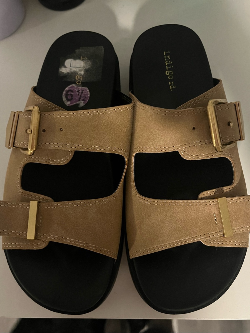 Indigo Rd. Gold-Tone Buckle Slide Sandals - Tan Upper, Black Footbed